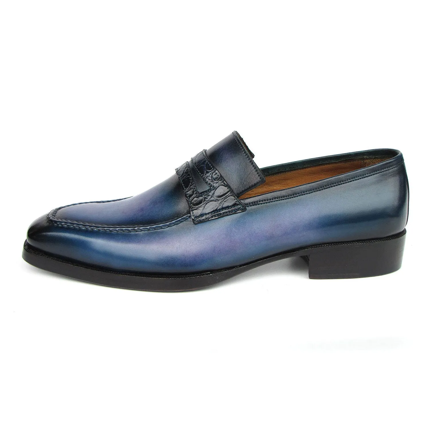 Paul Parkman 6944-BLU Men's Shoes Blue Hand-Painted Leather Goodyear Welted Patina Handmade Loafers (PM6397)