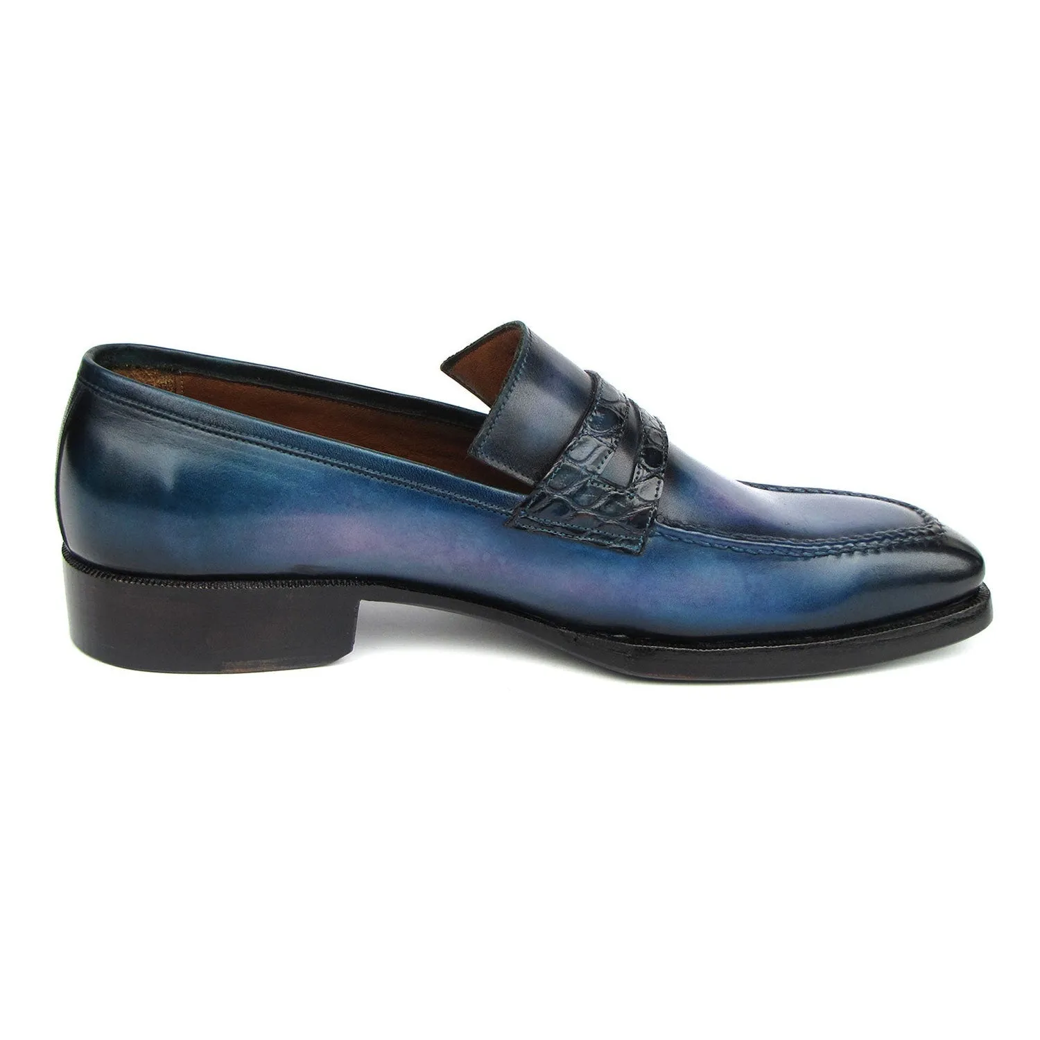 Paul Parkman 6944-BLU Men's Shoes Blue Hand-Painted Leather Goodyear Welted Patina Handmade Loafers (PM6397)