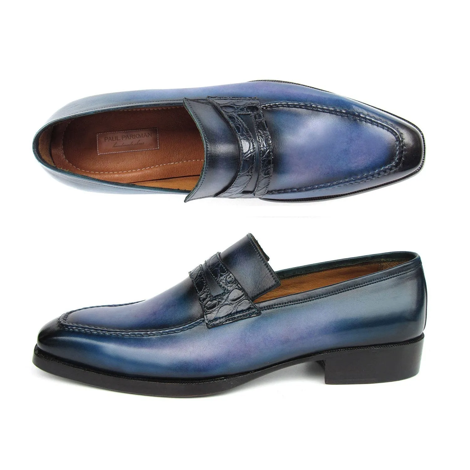 Paul Parkman 6944-BLU Men's Shoes Blue Hand-Painted Leather Goodyear Welted Patina Handmade Loafers (PM6397)