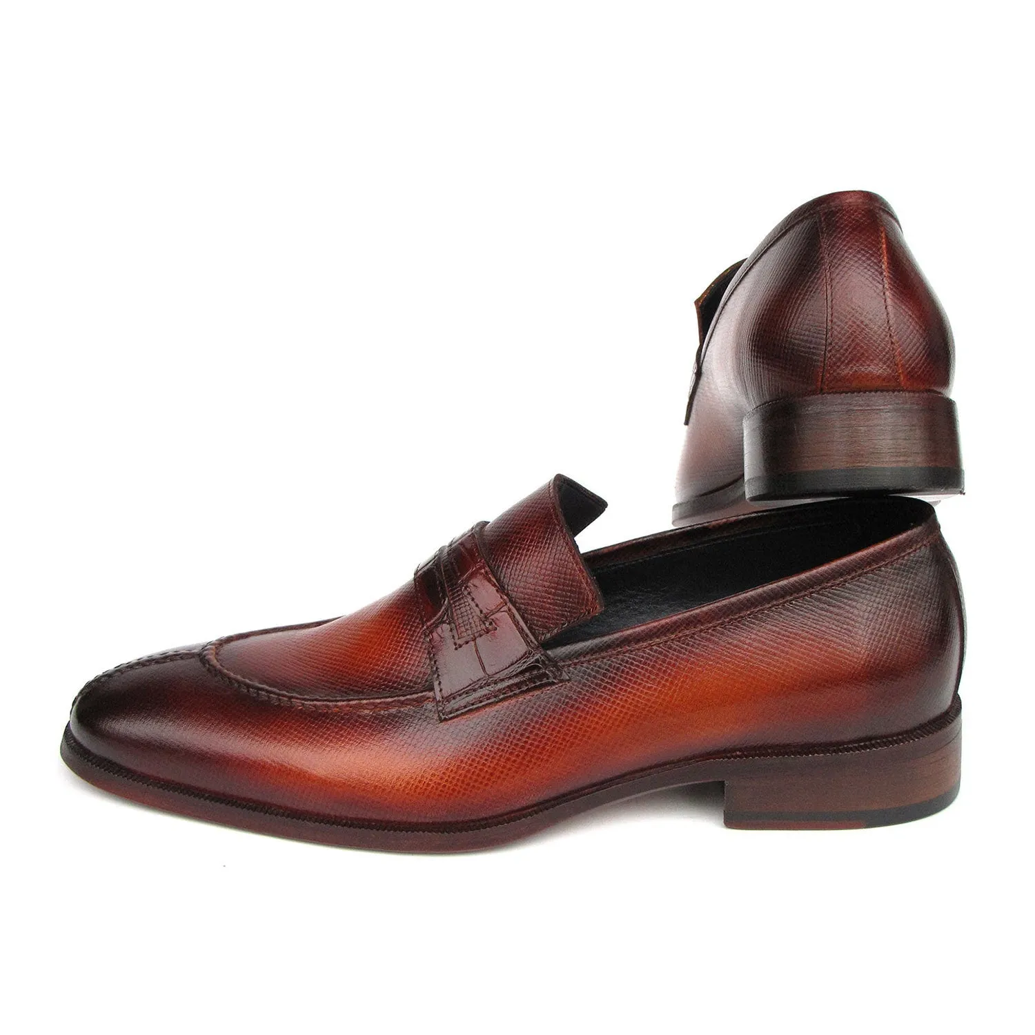 Paul Parkman 694TB25 Men's Shoes Brown Hand-Painted Leather Split To Penny Loafers (PM6396)