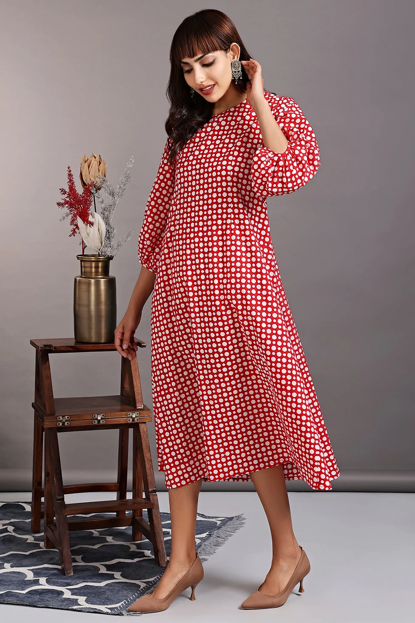 peasant sleeve dress - retro red & polka dance