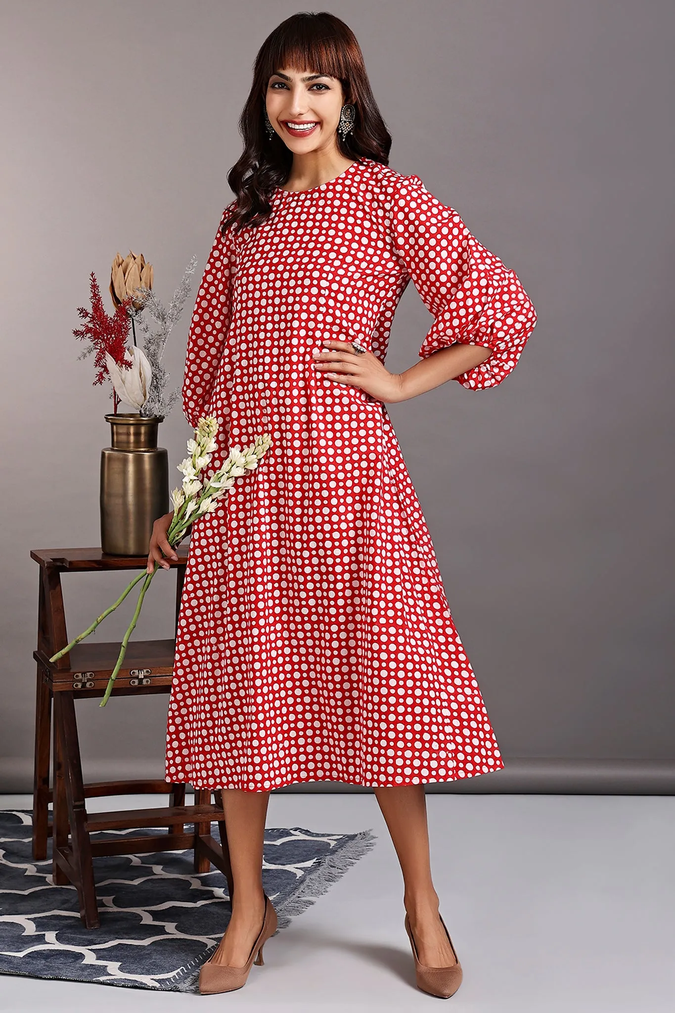 peasant sleeve dress - retro red & polka dance