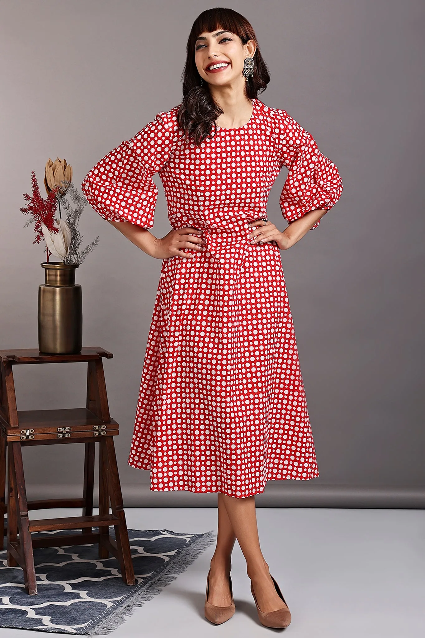 peasant sleeve dress - retro red & polka dance