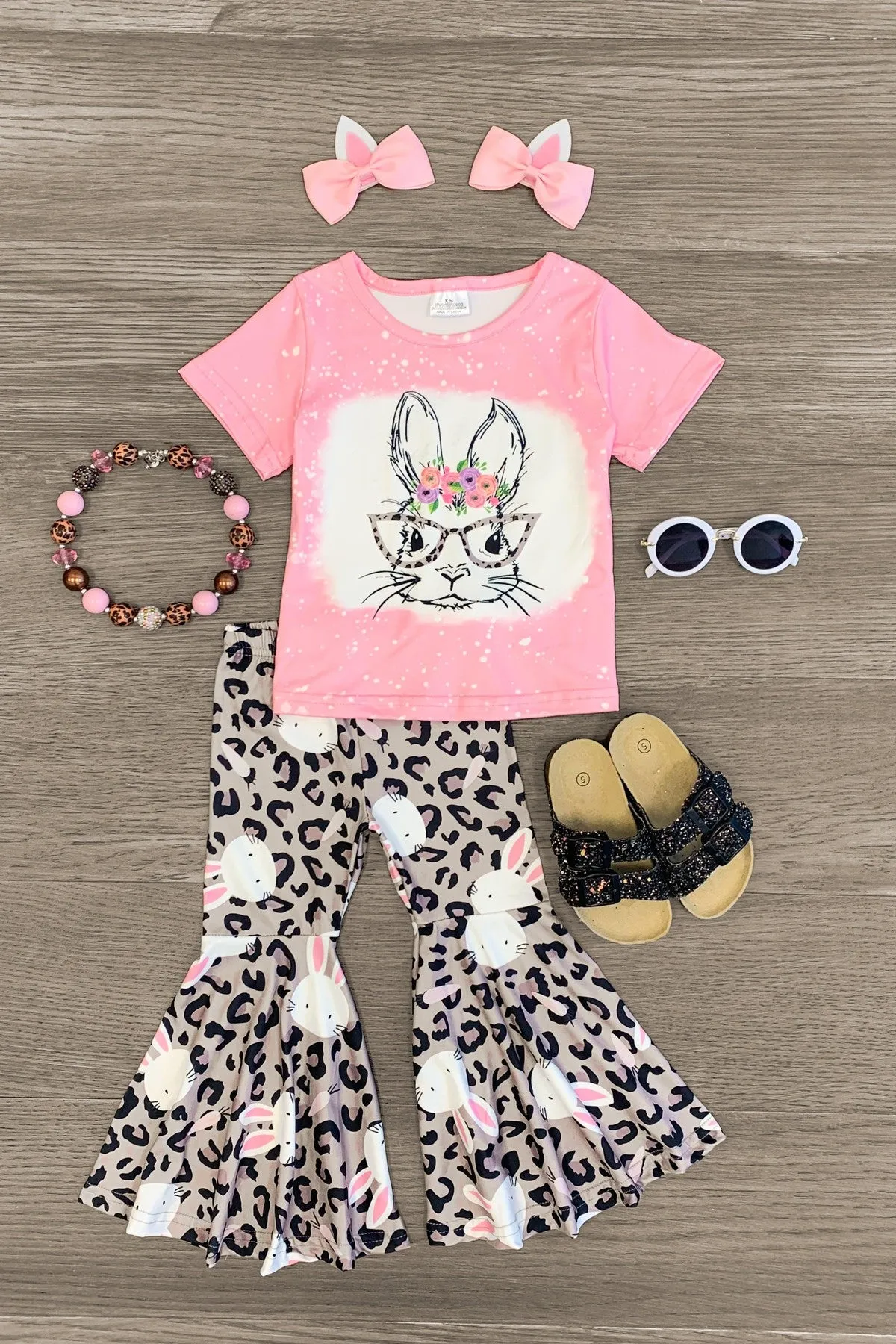 Pink Bunny Leopard Bell Bottom Set