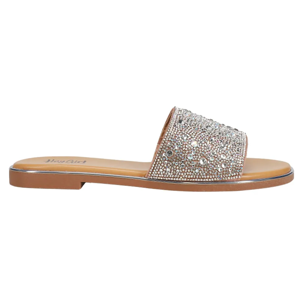 Pizzazz Rhinestone Flat Slide Sandals