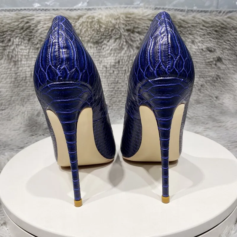 Pre Order:  Navy Crocodile Pattern Pointed-Toe Pumps Shoes