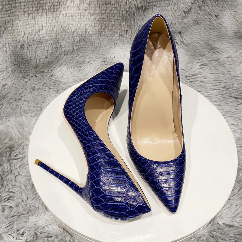 Pre Order:  Navy Crocodile Pattern Pointed-Toe Pumps Shoes