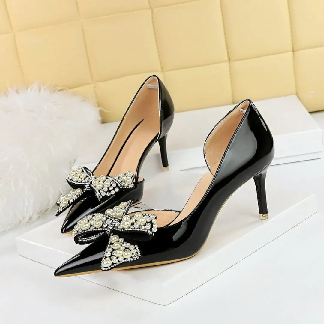 Pre Order:  Pointed Side Hollow Pearl Rhinestone Bow Stiletto Pumps