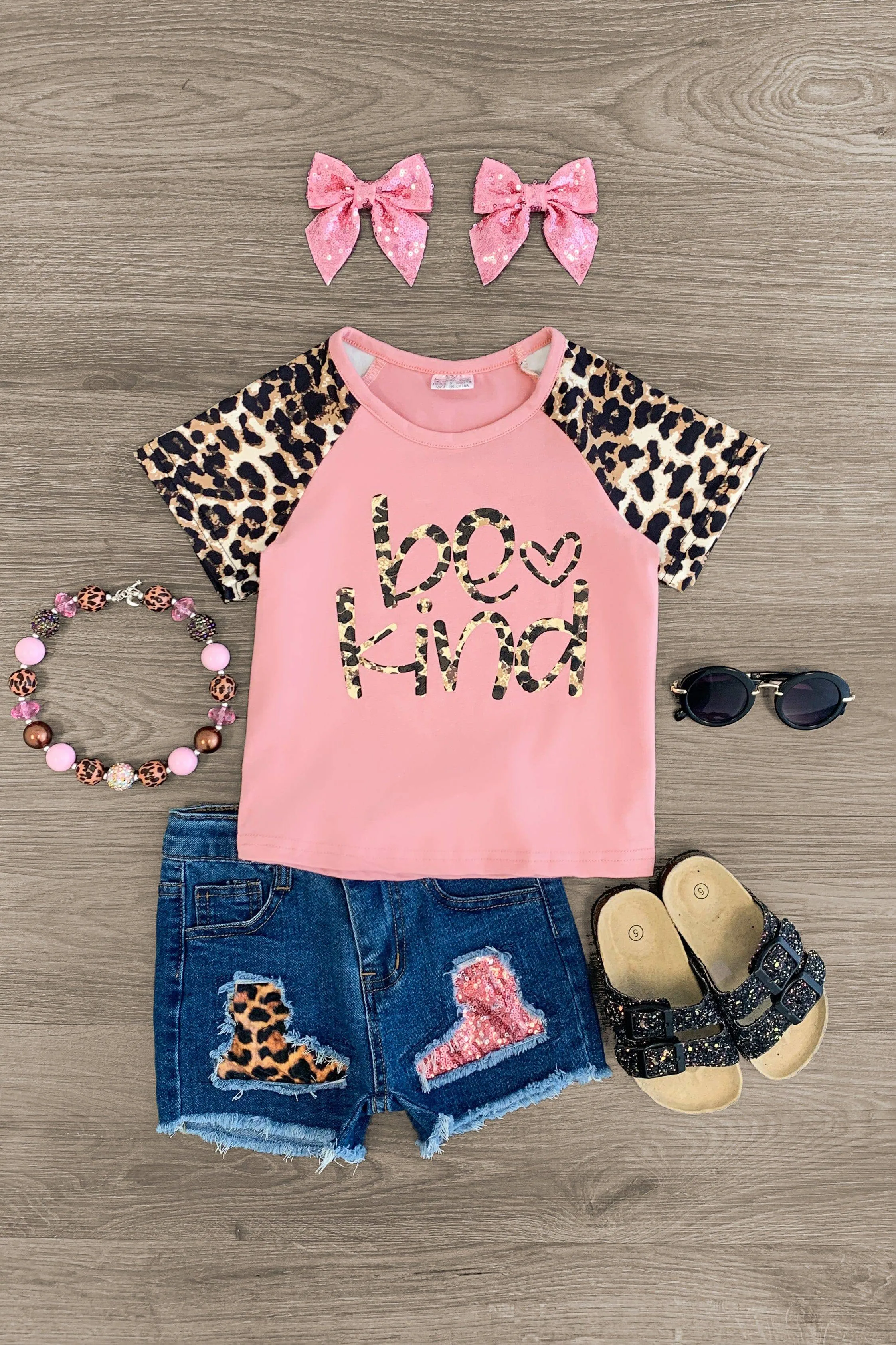 "Be Kind" Pink Sequin Cheetah Distressed Short Set