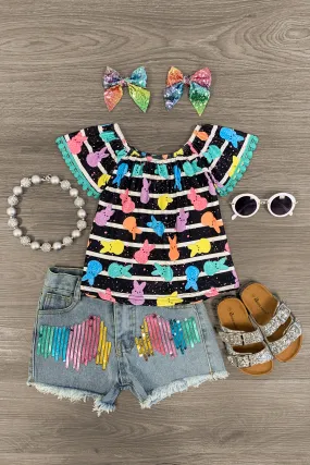 Rainbow Peeps Striped Denim Short Set