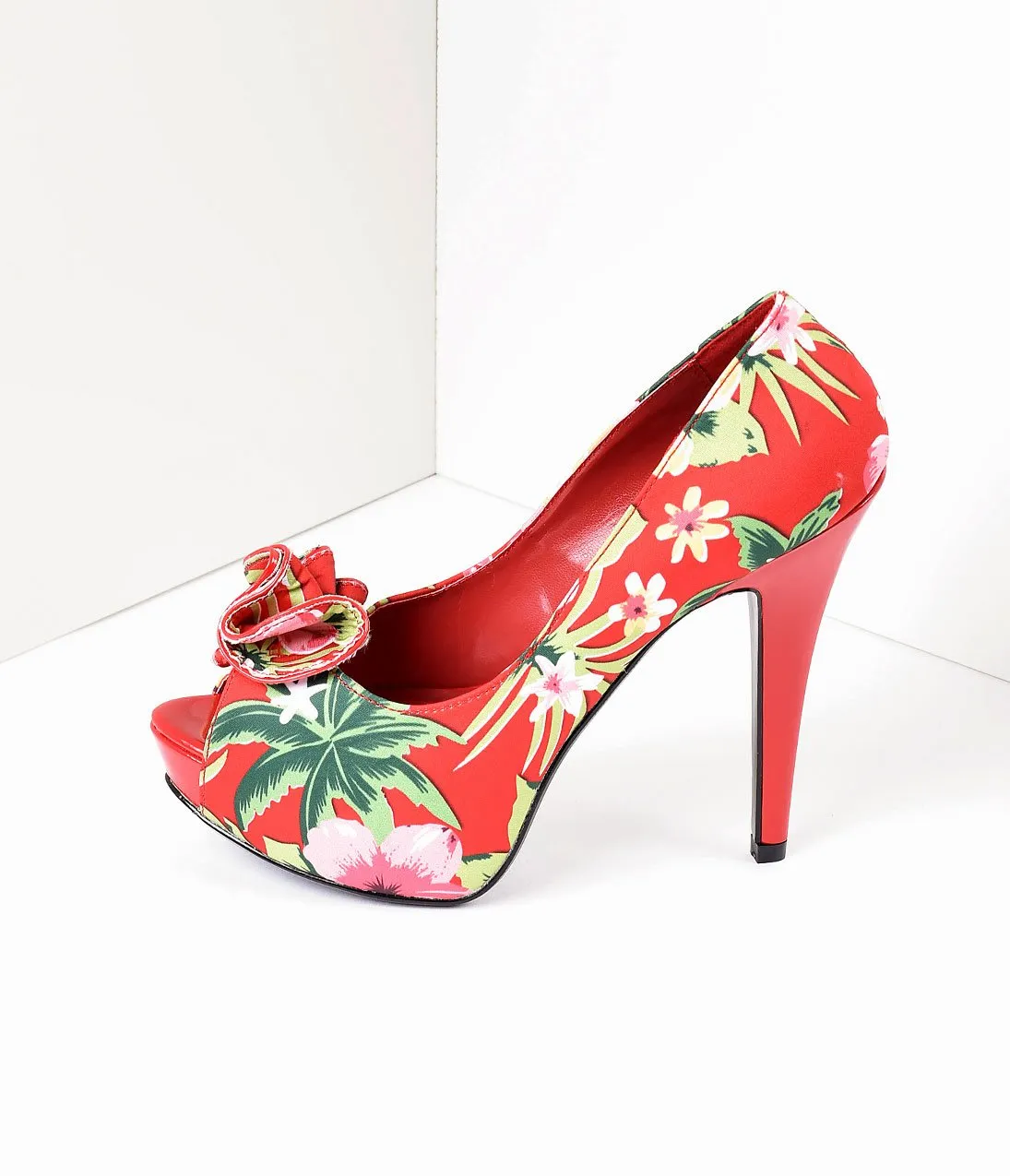 Red Tropical Print Peep Toe Lolita Heels