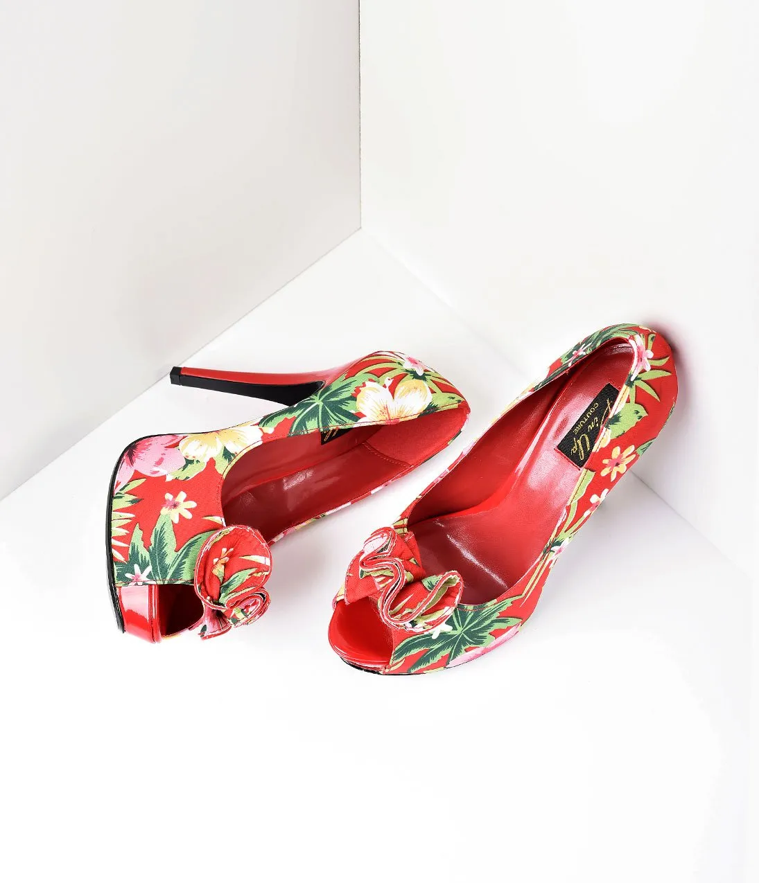 Red Tropical Print Peep Toe Lolita Heels