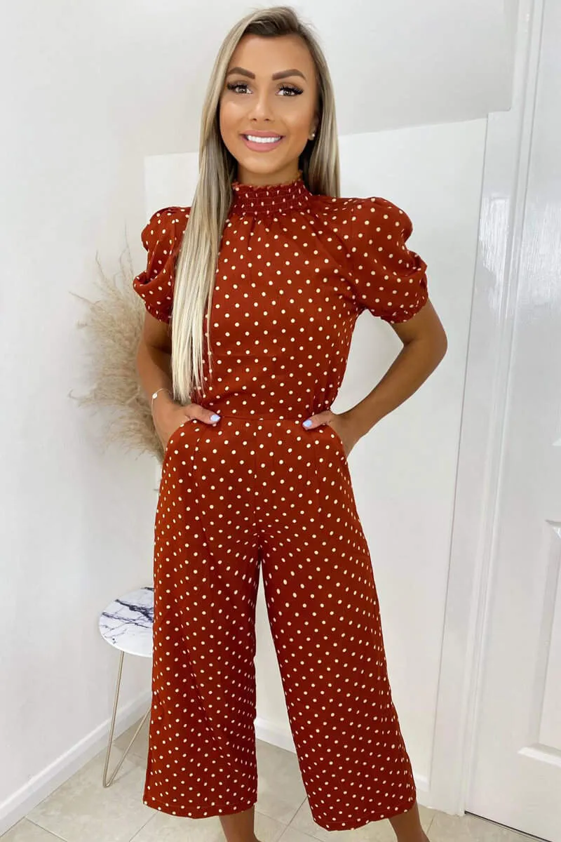 Rust Polka Dot High Neck Culotte Jumpsuit