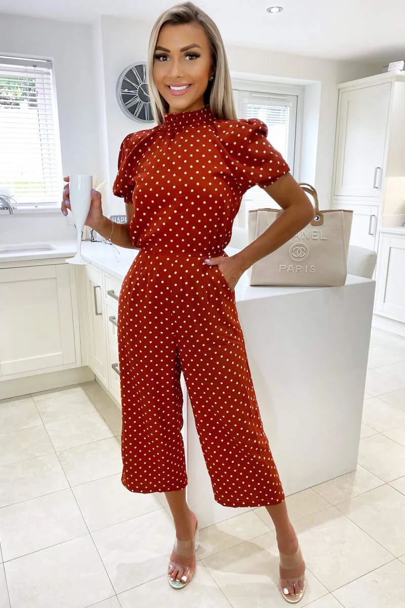 Rust Polka Dot High Neck Culotte Jumpsuit