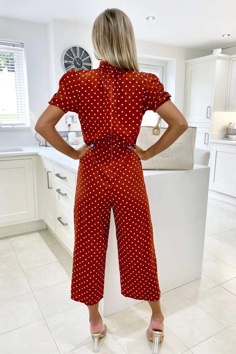 Rust Polka Dot High Neck Culotte Jumpsuit