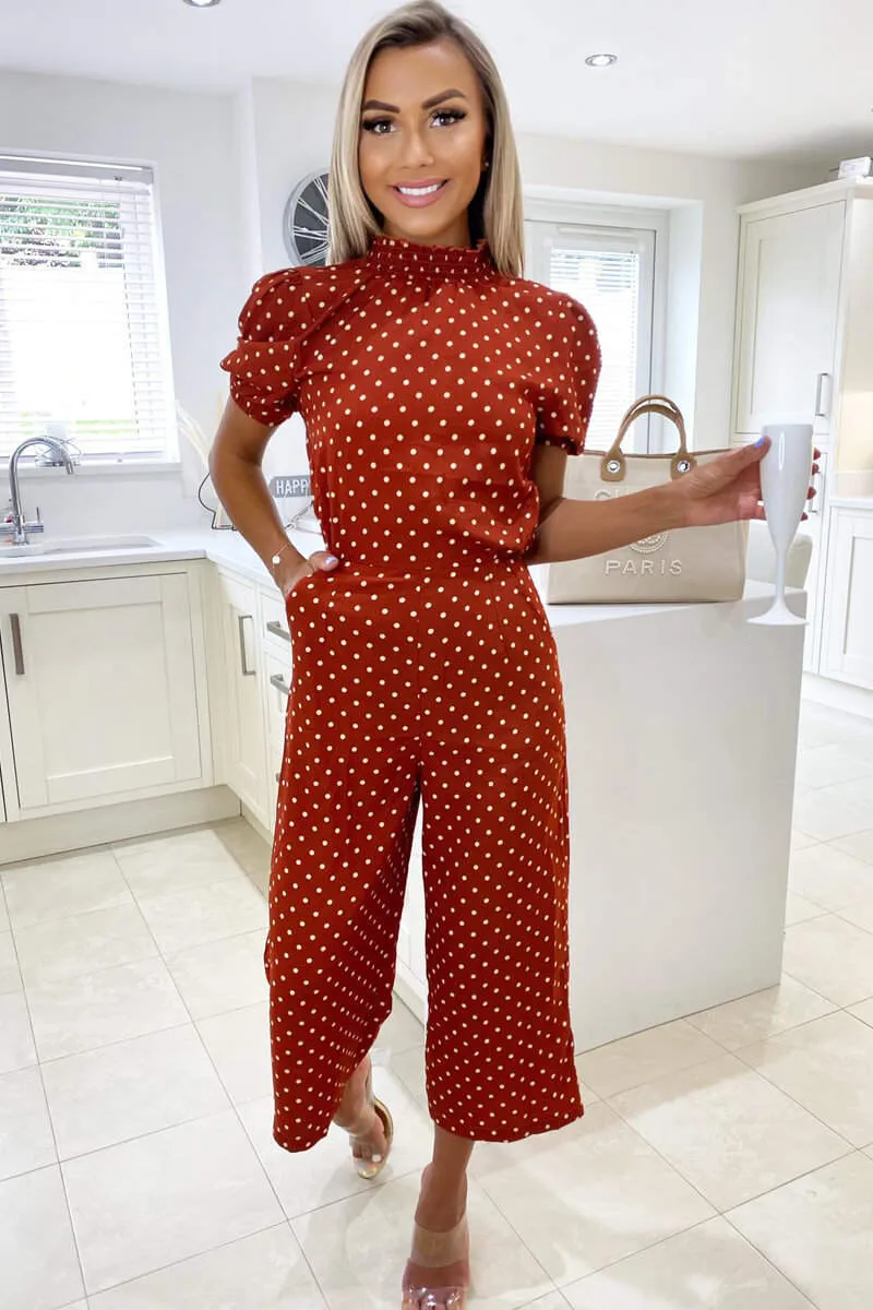 Rust Polka Dot High Neck Culotte Jumpsuit