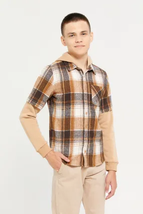 Senor Boys Brown Checkered Hooded Shirt