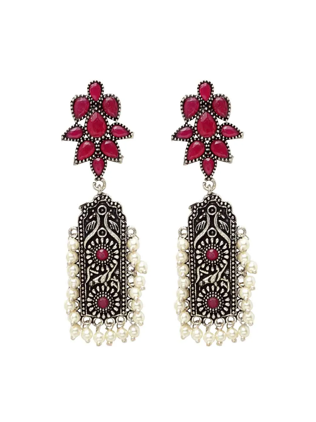 Silver-Plated & Pink Oxidised Floral Drop Earrings