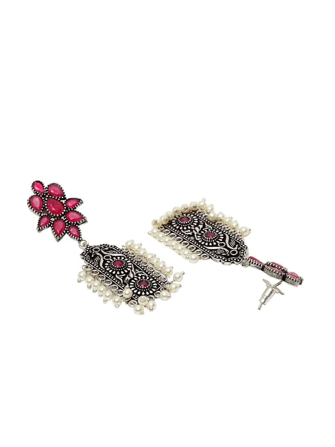 Silver-Plated & Pink Oxidised Floral Drop Earrings