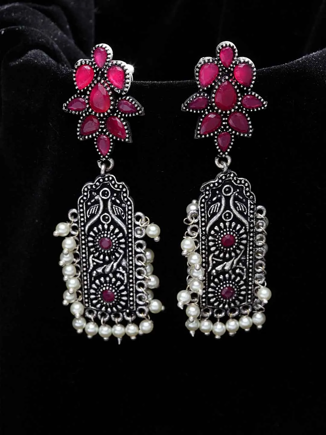 Silver-Plated & Pink Oxidised Floral Drop Earrings