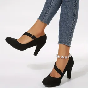 Stylish Solid Color Block Heels Pumps - Elegant Buckle Strap, Comfortable, Black, Dressy, Versatile, and Chic Shoes for Women - Perfect for Formal Occasions and Workwear