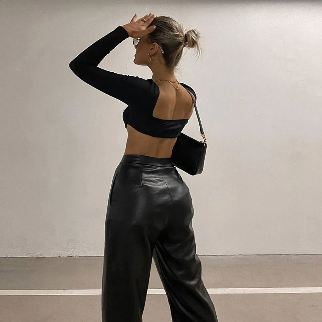 Unique Square Neck Bralette Long Sleeve Crop T-Shirt - Black