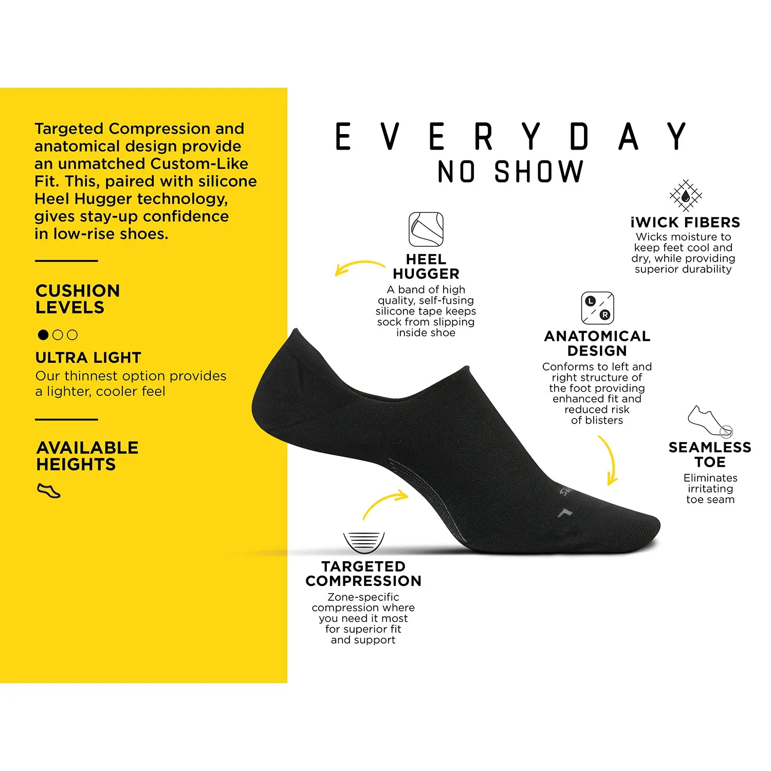 Unisex Feetures Everyday Hidden Socks Black