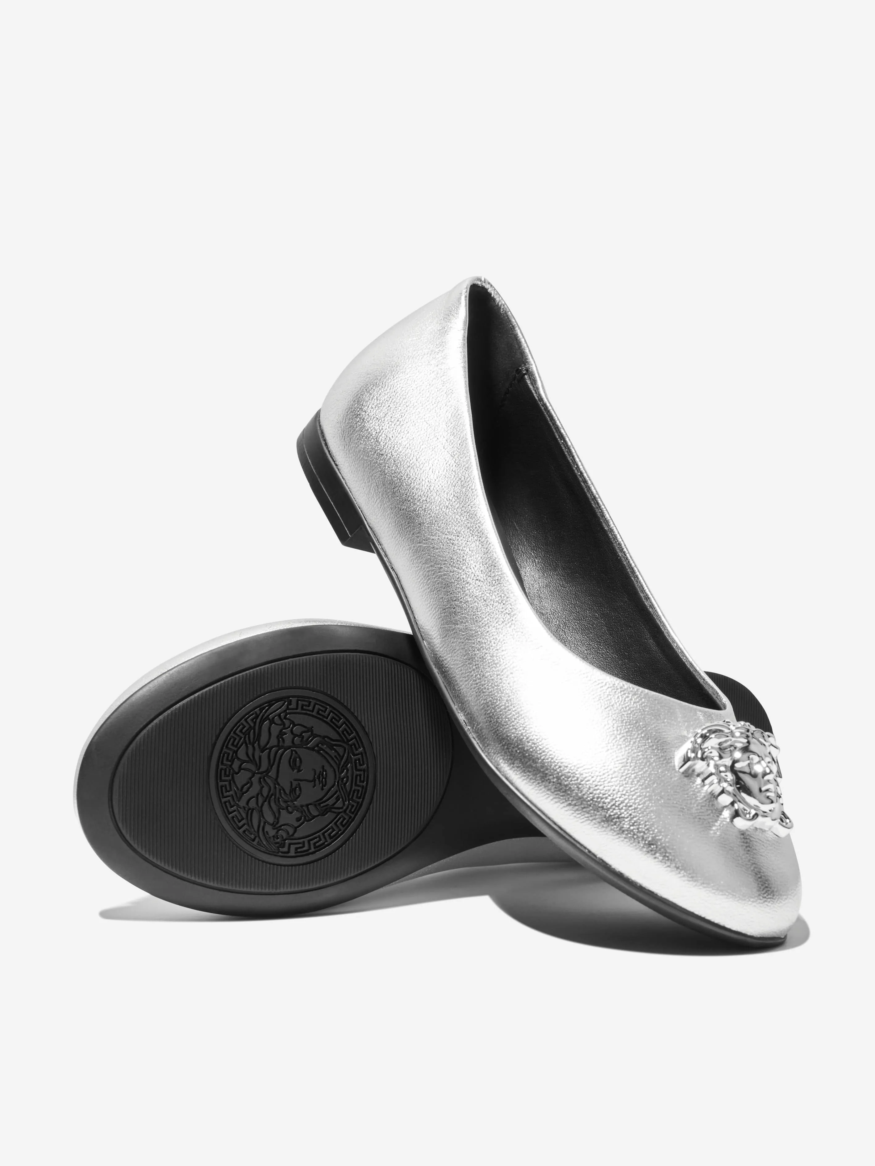 Versace Girls Leather Ballerina Pumps in Silver