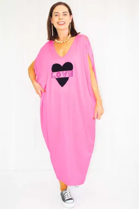 Vibrant LOVE Decal Cocoon Dress in Hot Pink