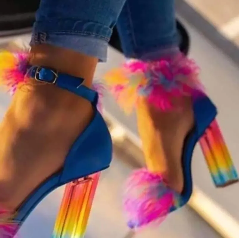 Vibrant Summer Rainbow Crystal Heel Sandals with Pom-poms