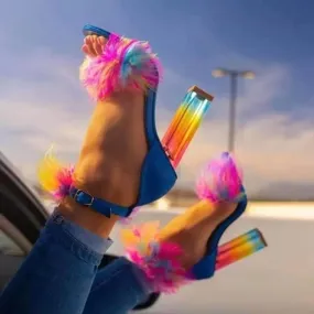 Vibrant Summer Rainbow Crystal Heel Sandals with Pom-poms