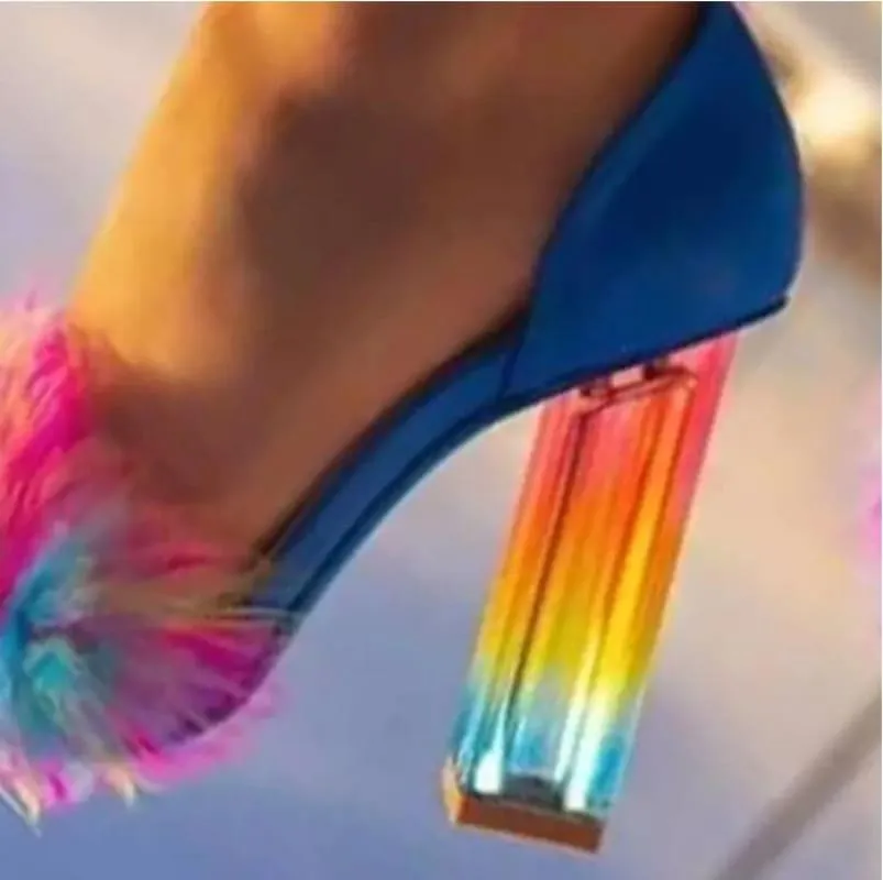 Vibrant Summer Rainbow Crystal Heel Sandals with Pom-poms