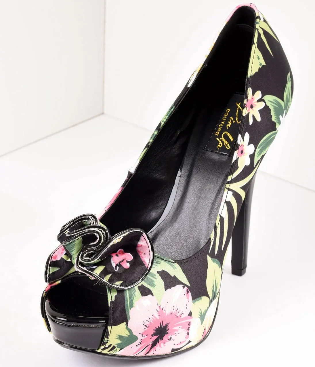 Vintage Style Black Tropical Print Peep Toe Platform Pumps