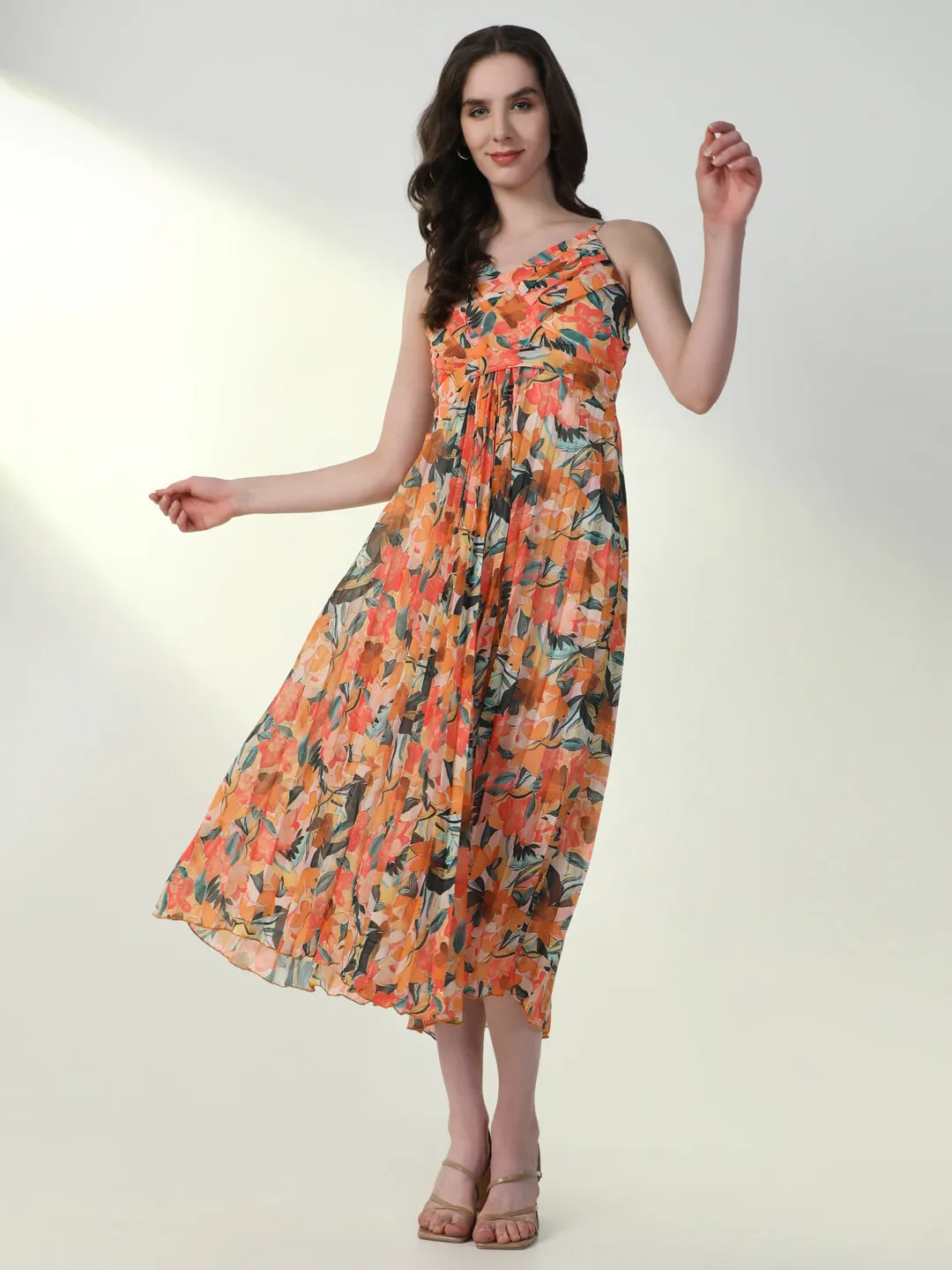 Women Floral Orange Flared Dress