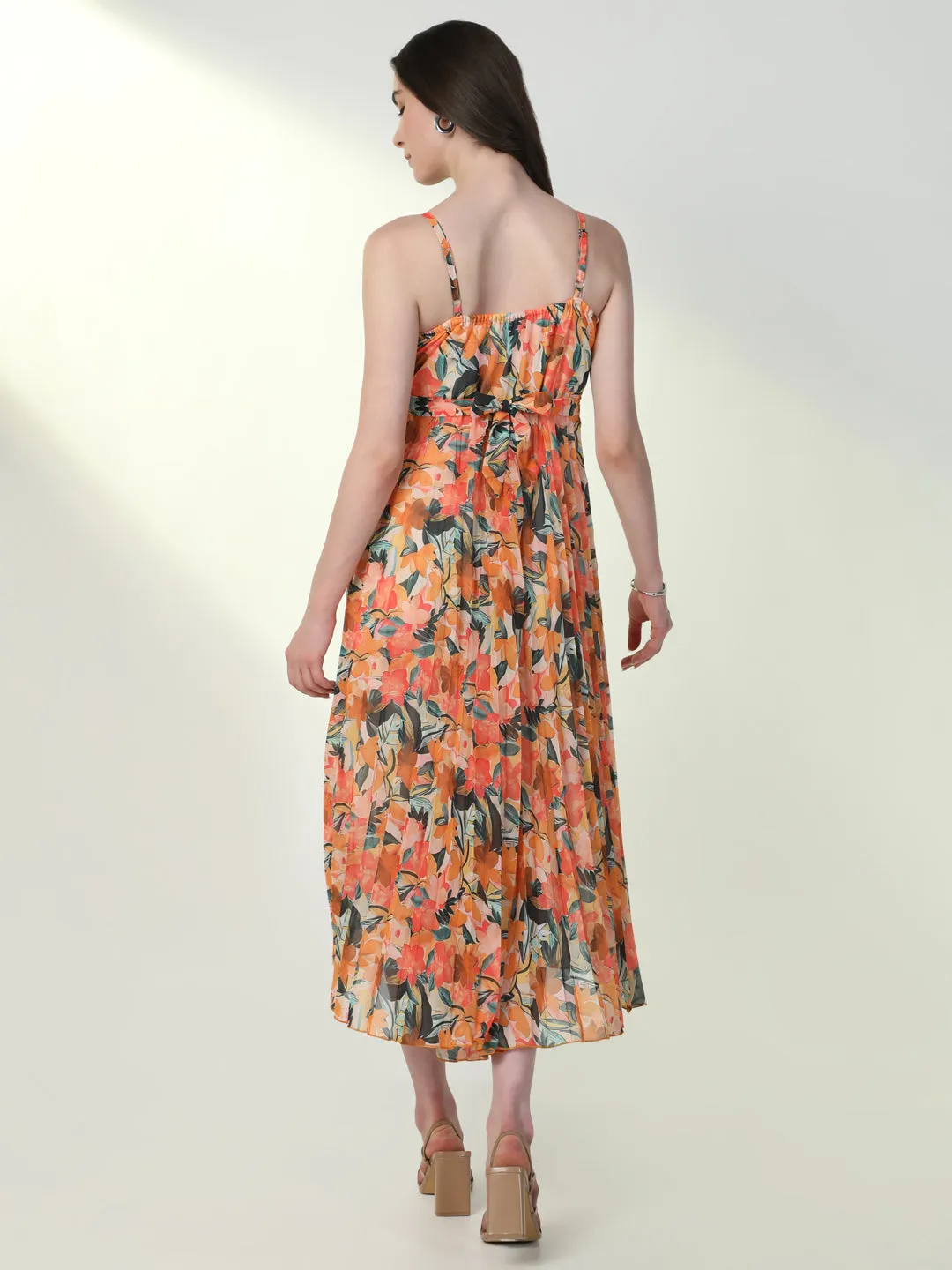 Women Floral Orange Flared Dress