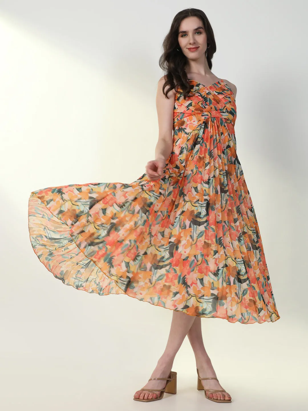 Women Floral Orange Flared Dress