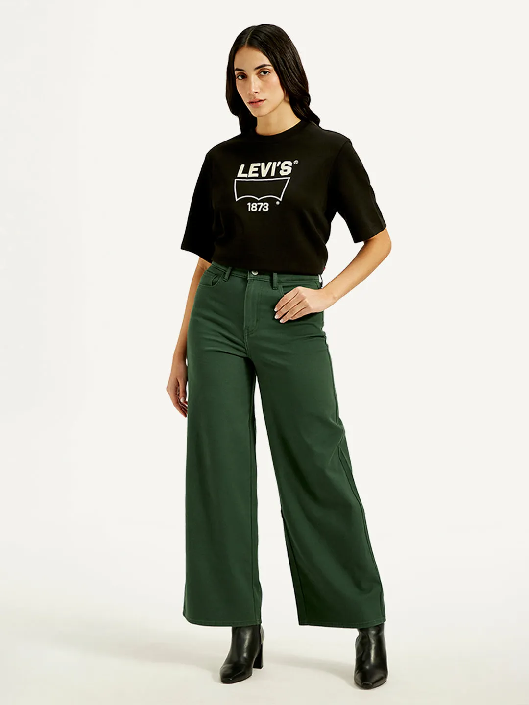 Women's High Rise Vintage Chino Wide Leg Dark-Green Jeans