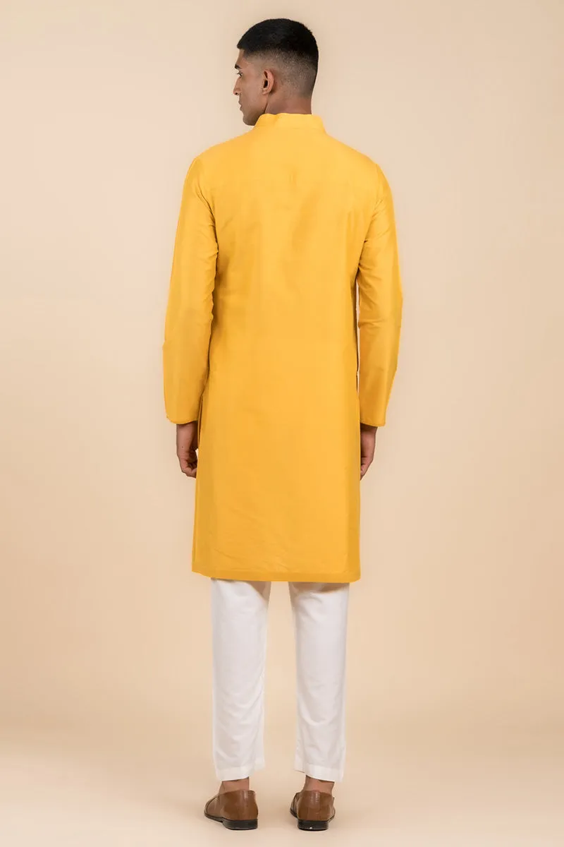 Yellow Ochre Single Kurta With Zero Point Collar