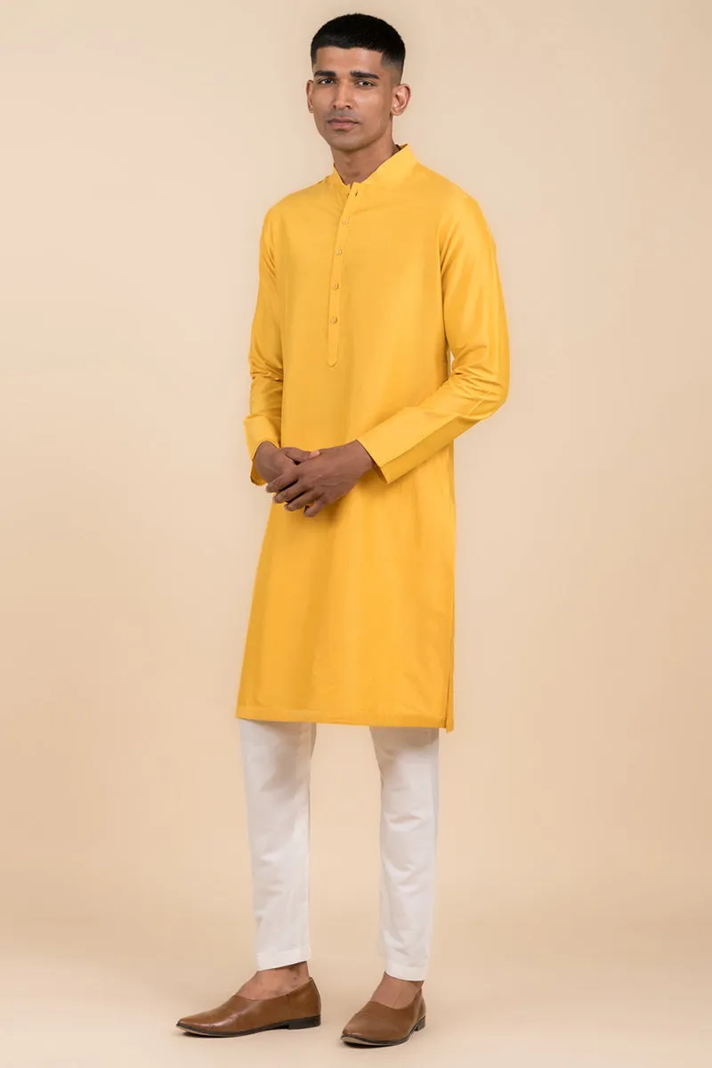 Yellow Ochre Single Kurta With Zero Point Collar